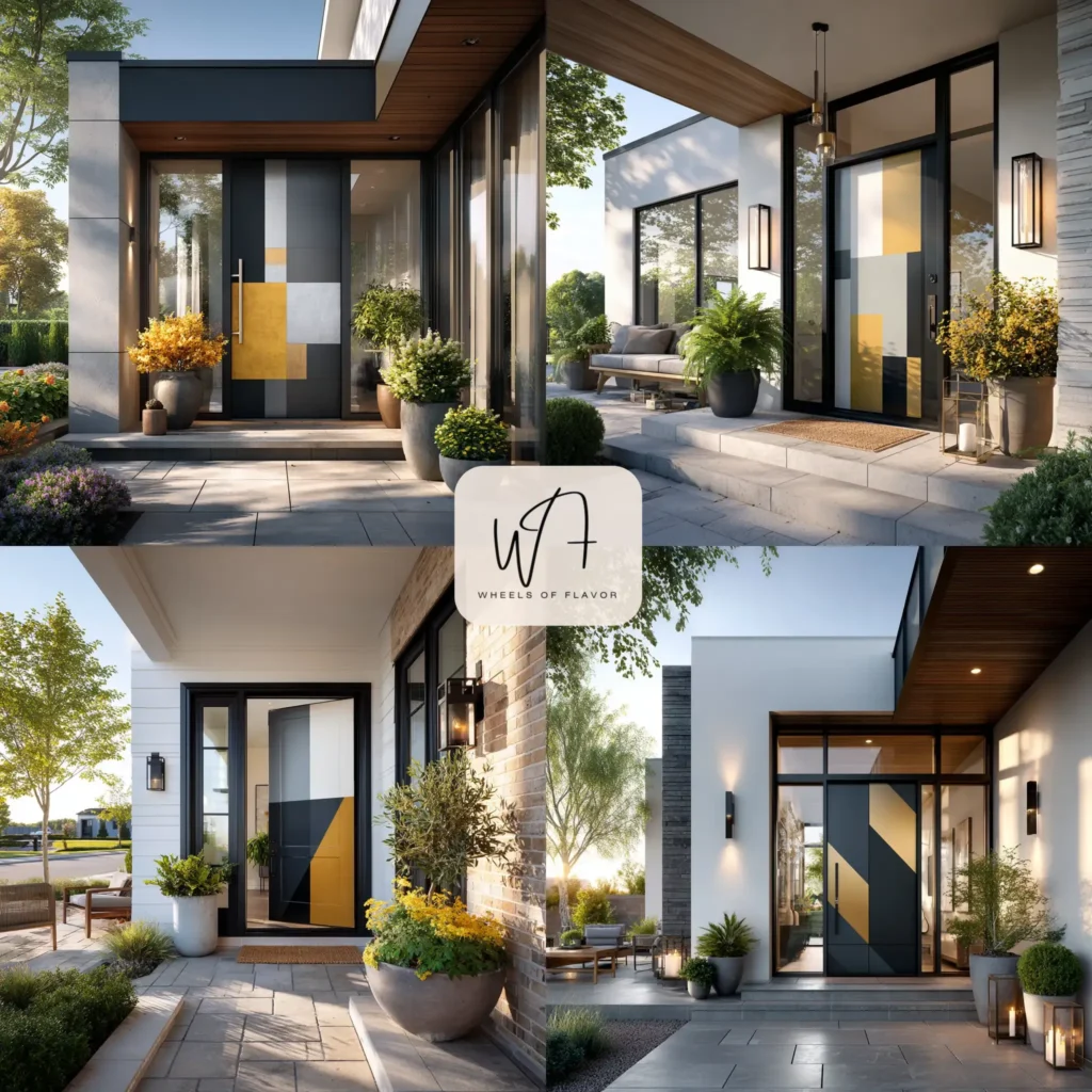 Modern door with creative geometric door painting ideas in black, white, and gold.