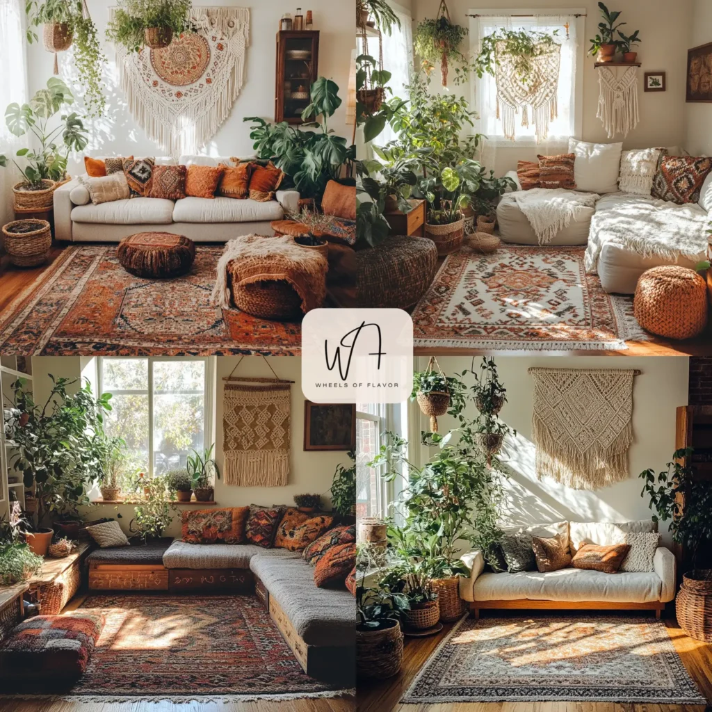 Cozy living room showcasing spring boho home decor ideas with rugs, macramé, and plants.