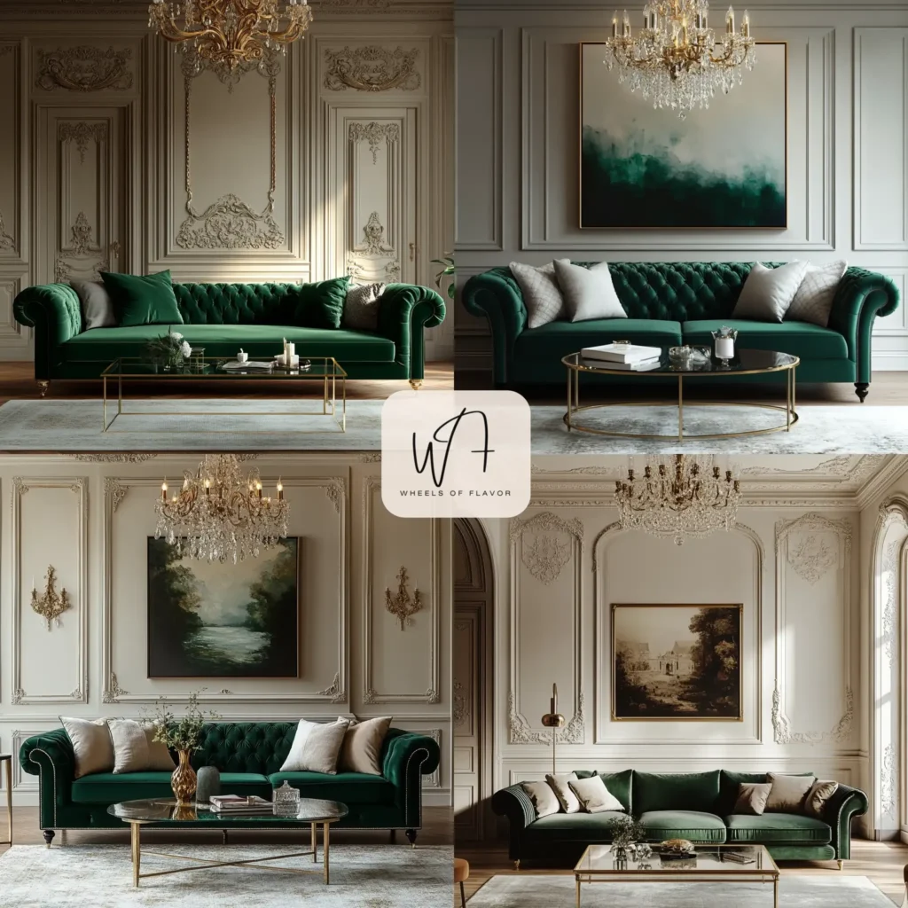 Modern Victorian decor in a luxurious living room with emerald green sofa and brass chandelier