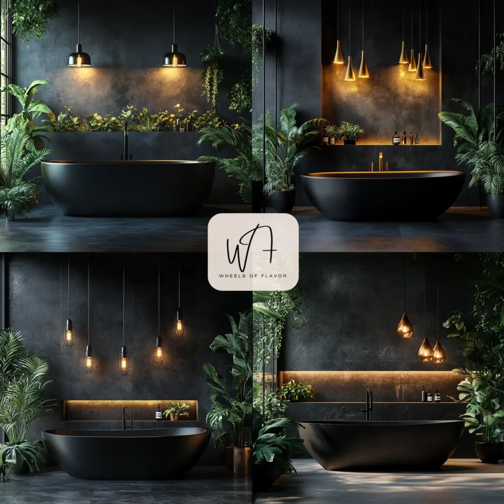 Moody bathroom with a matte black freestanding bathtub and gold accents