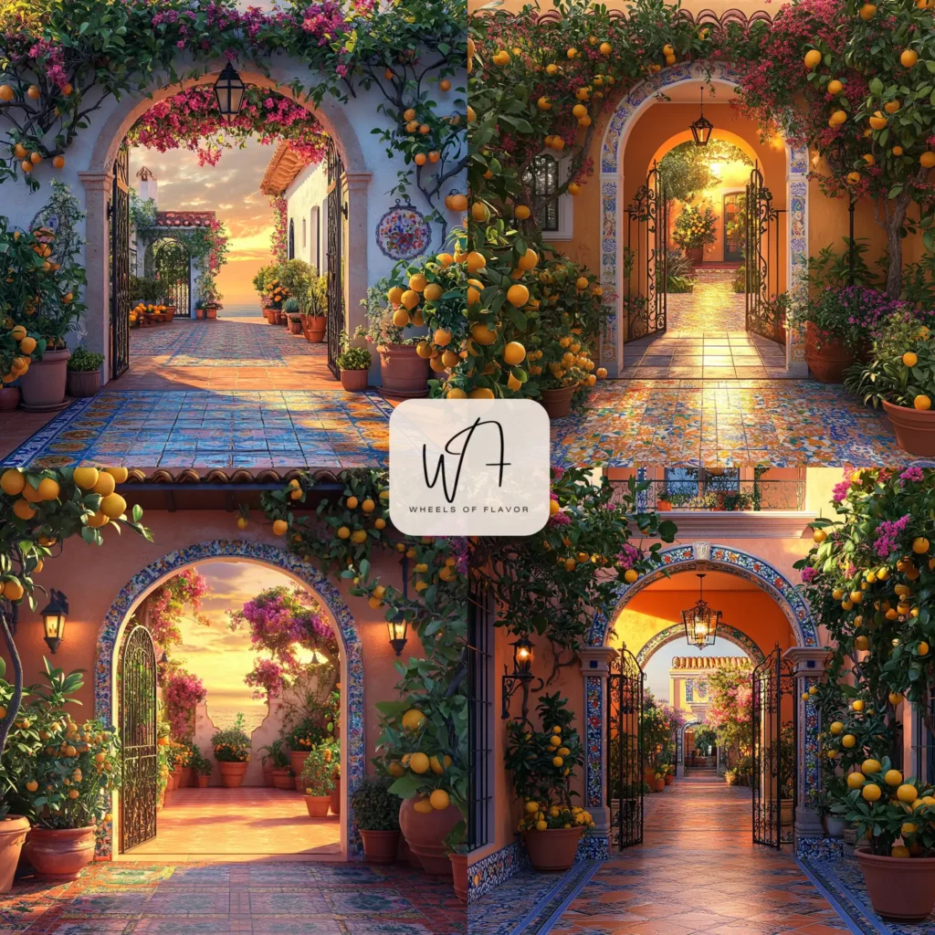 Andalusian inspired Mediterranean entryway with colorful tiles and wrought iron accents.