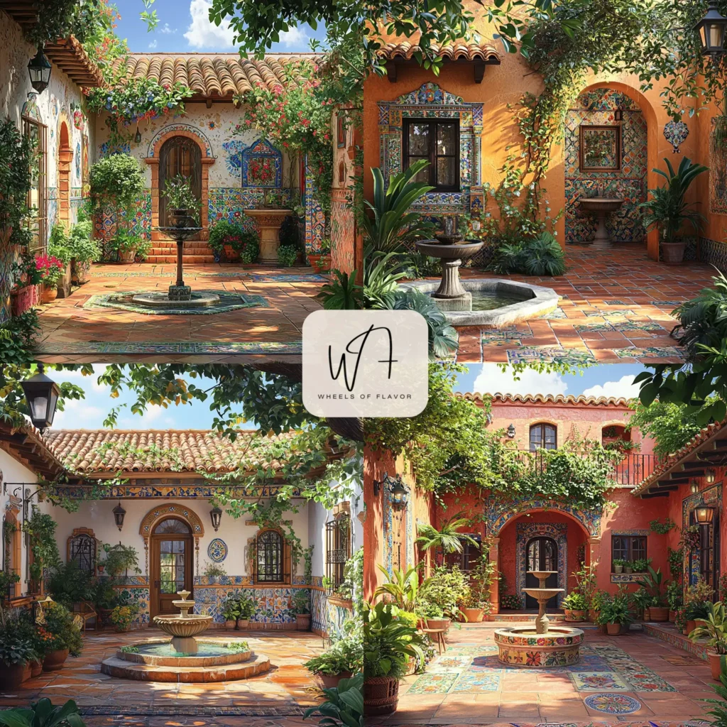 Colorful Spanish house design courtyard with terracotta tiles and hand-painted ceramics.