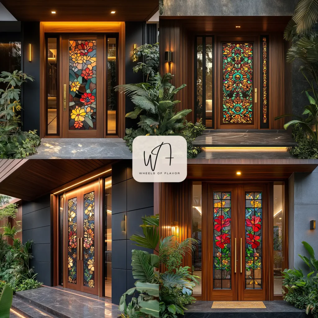Teak wood main door with stained glass inlays