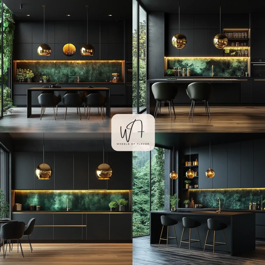 Deep-toned kitchen aesthetics with matte black cabinets and gold accents
