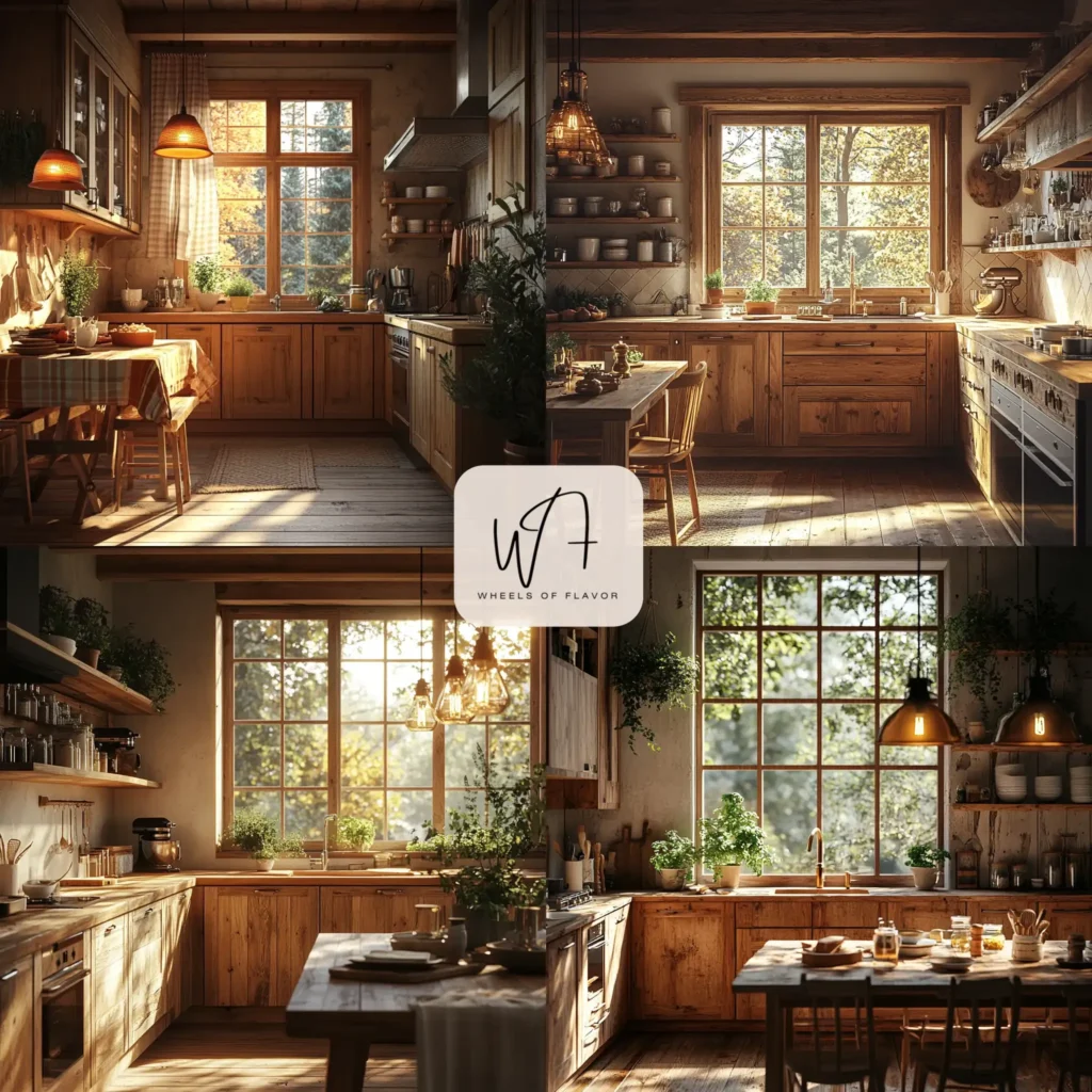 Cozy cabin kitchen warmth with wooden cabinets and ambient lighting