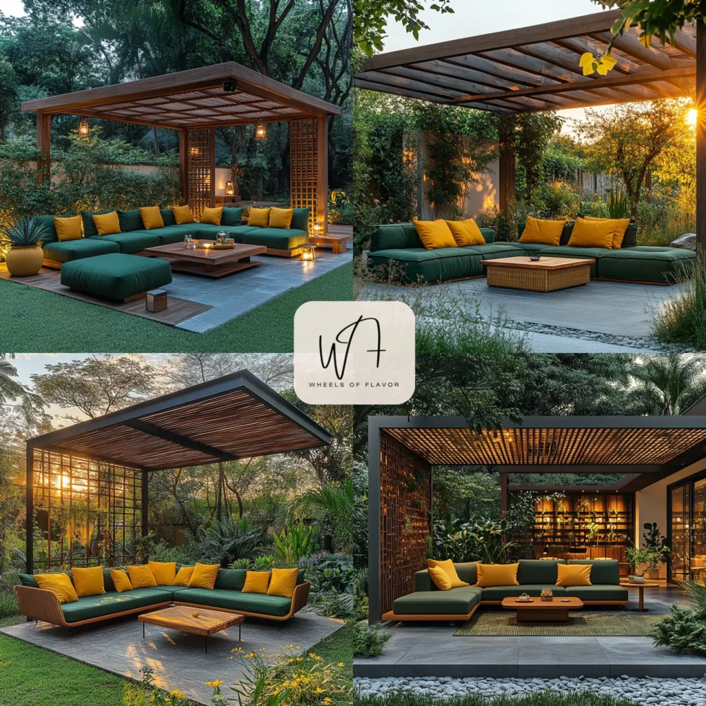 Modern garden furniture in 2025 with a green modular sofa and teak table in a lush backyard setting.