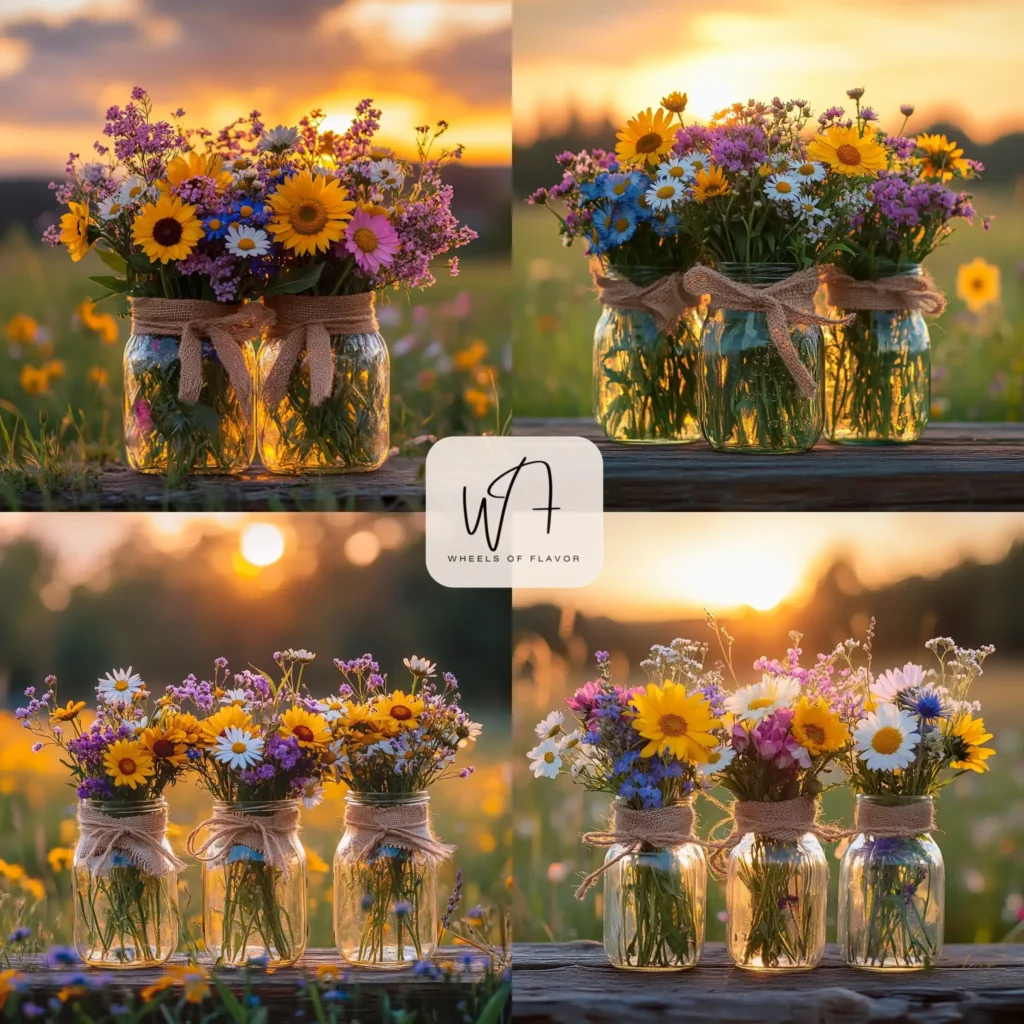 Rustic centerpiece ideas for summer dinners featuring mason jars with wildflowers.