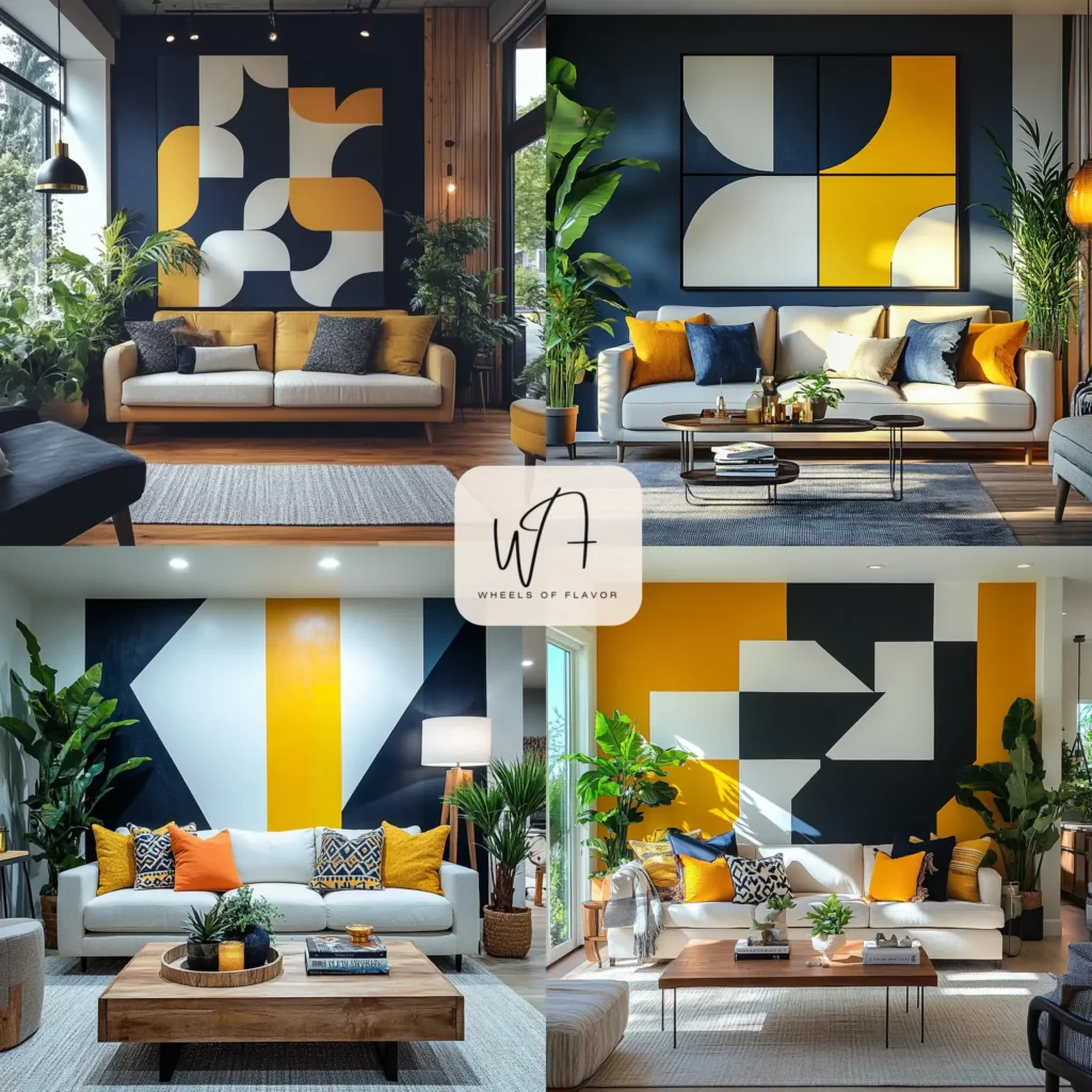 Hand painted accent wall with geometric patterns in a modern living room