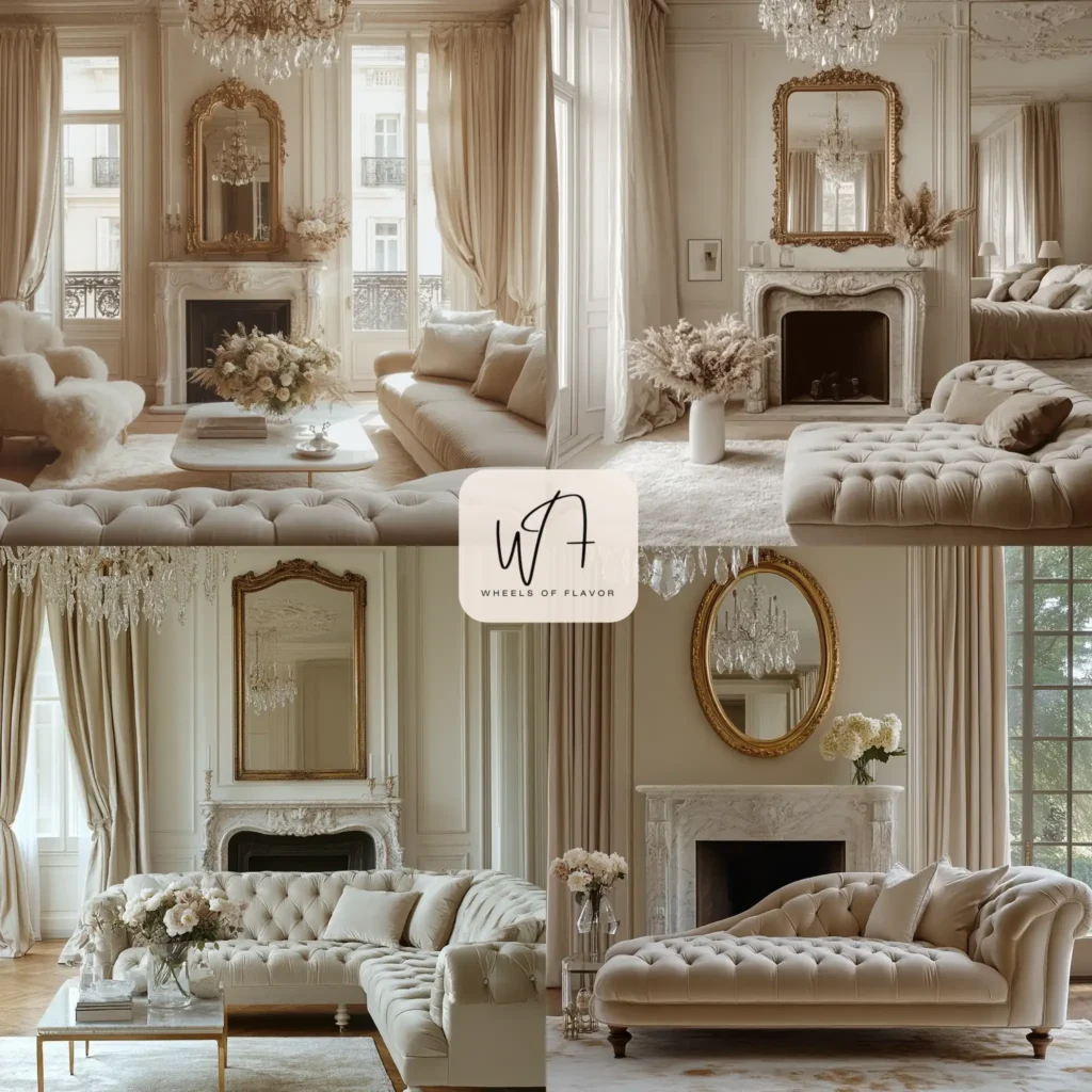 French-inspired living room with gilded mirror and chandelier