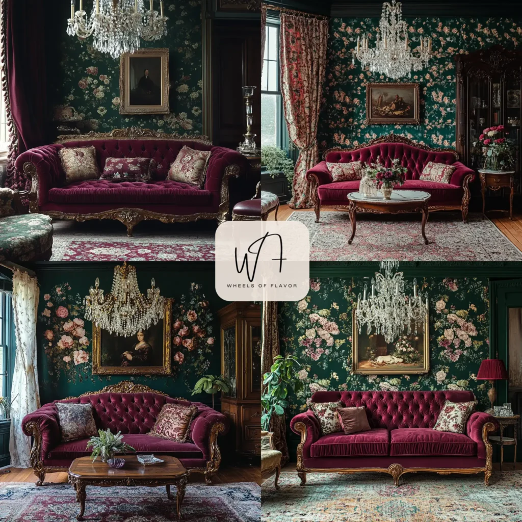 Opulent Victorian living room with emerald green walls, velvet sofa, and crystal chandelier.