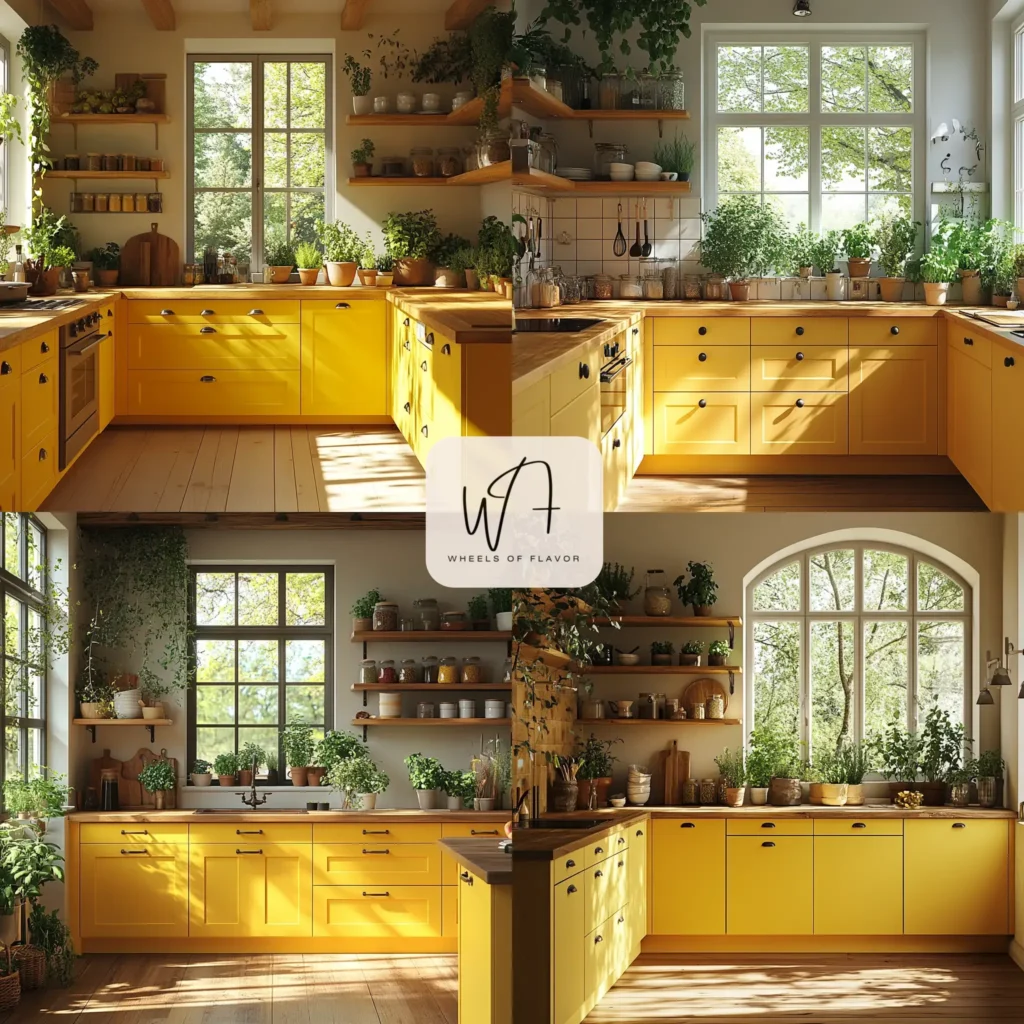 Kitchen with sunny yellow cabinet cheer and wooden accents