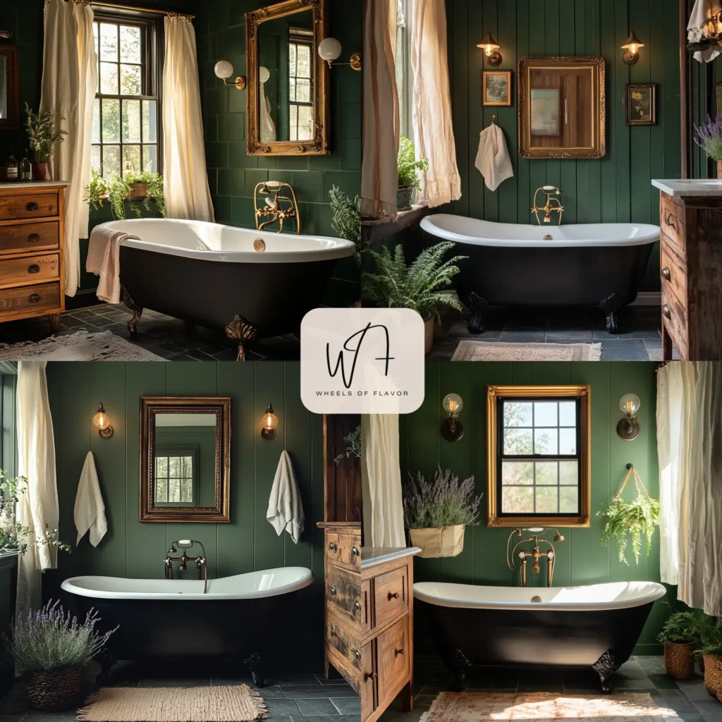Cozy dark cottagecore bathroom design with forest green walls and vintage accents
