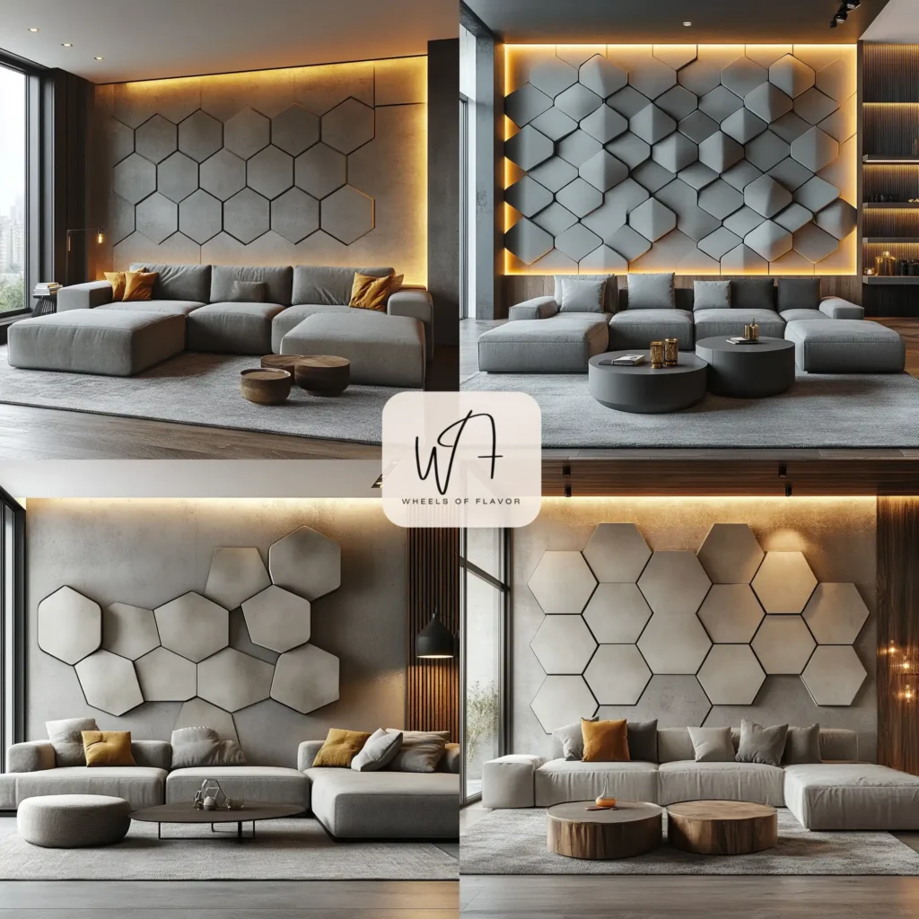 Modern geometric wall panelling ideas in a stylish living room.