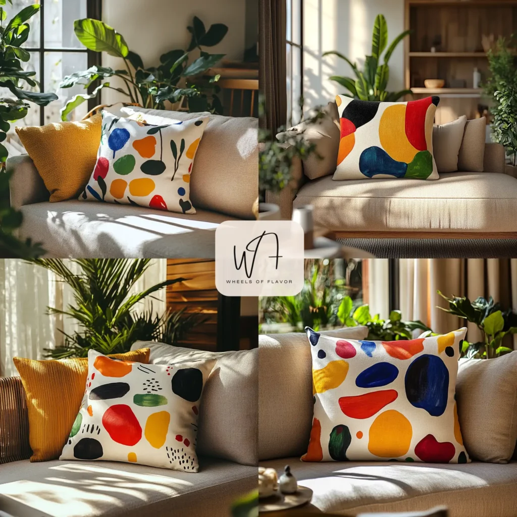 Colorful hand painted pillow on a cozy sofa