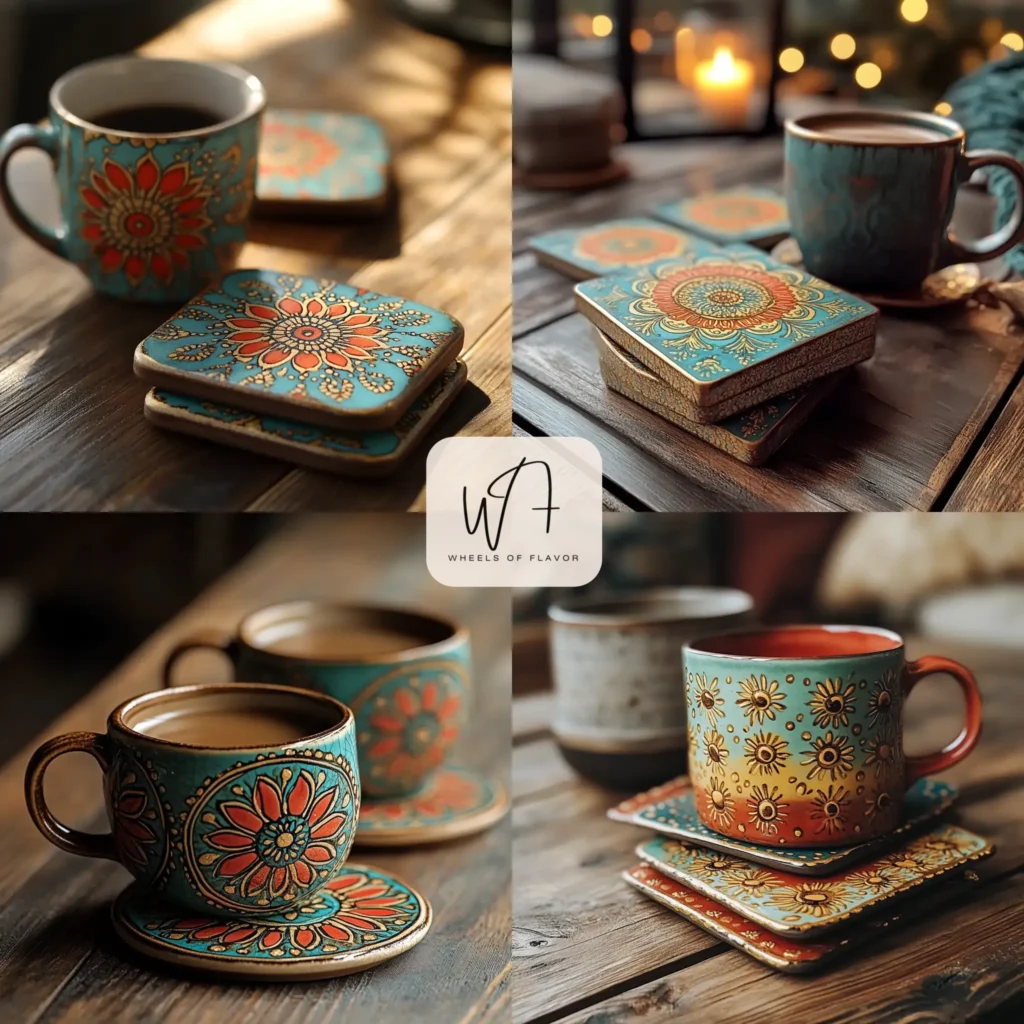 Vibrant painted coasters handmade with bohemian mandala designs