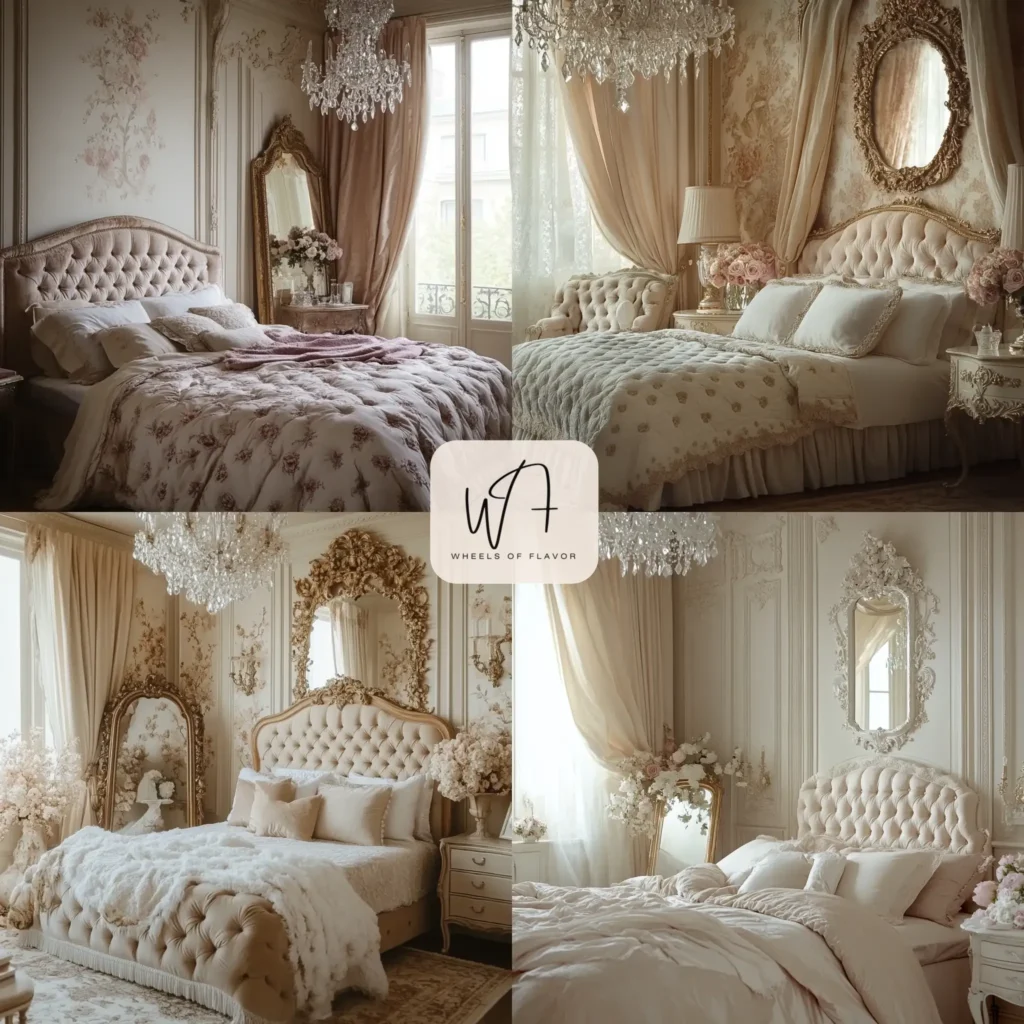 Romantic French bedroom looks with a tufted bed and gilded mirror