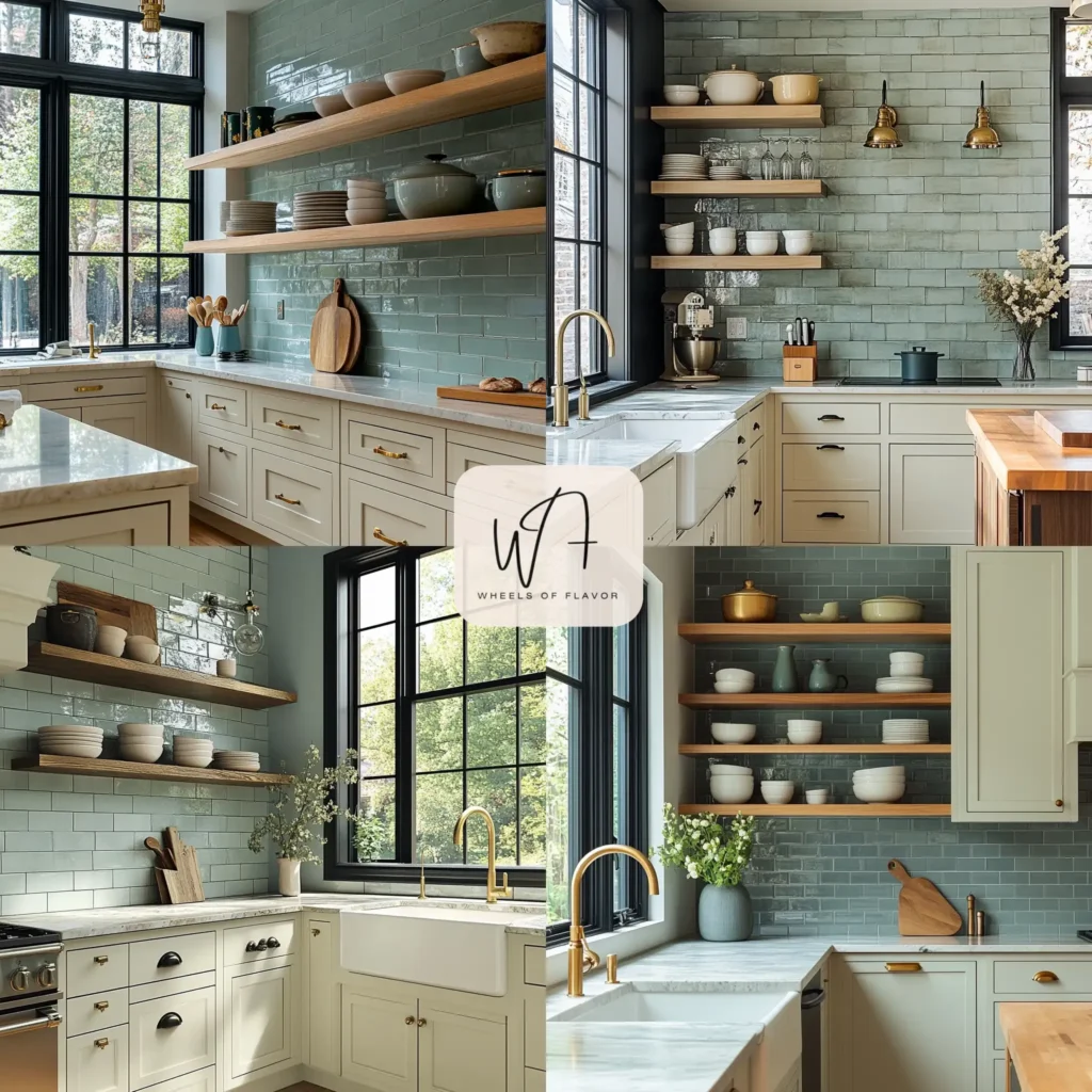 Modern kitchen showcasing off-white cabinet elegance with matte black hardware and a teal backsplash.