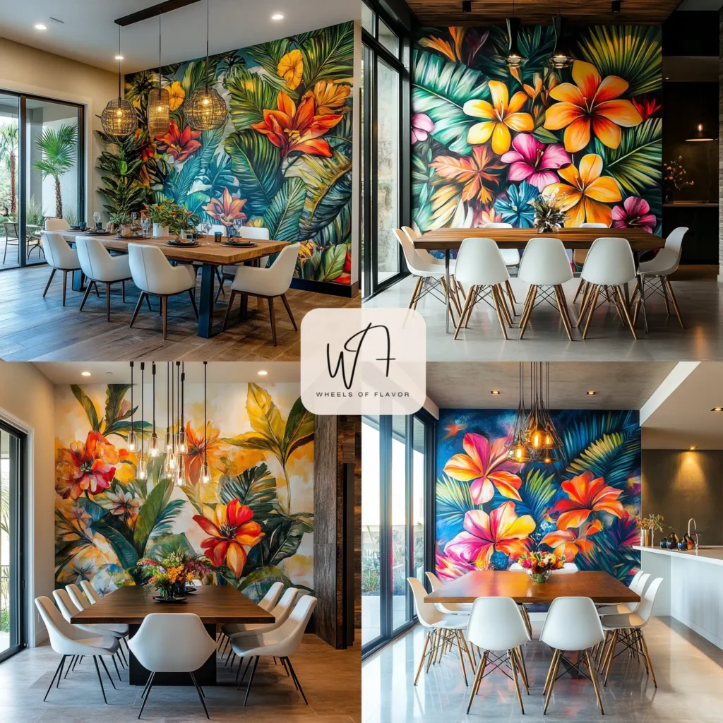 Dining room accent wall with a tropical mural featuring palm leaves and colorful flowers