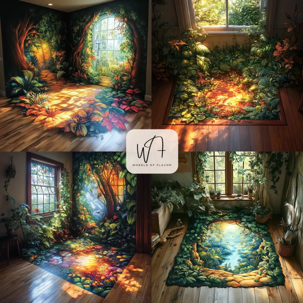 Vibrant Trap Door Mural with forest design on wooden floor