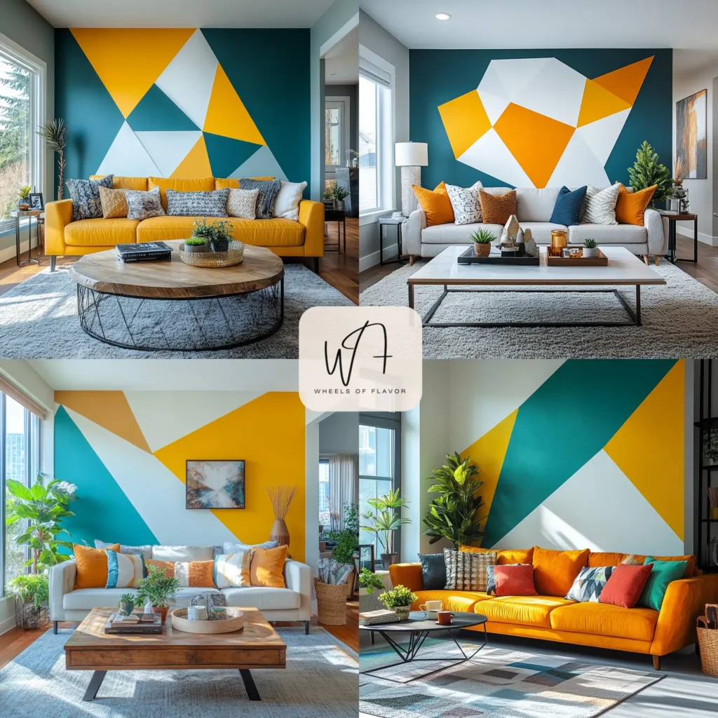 Painted Walls Handcrafted geometric design in a modern living room with teal and mustard yellow triangles
