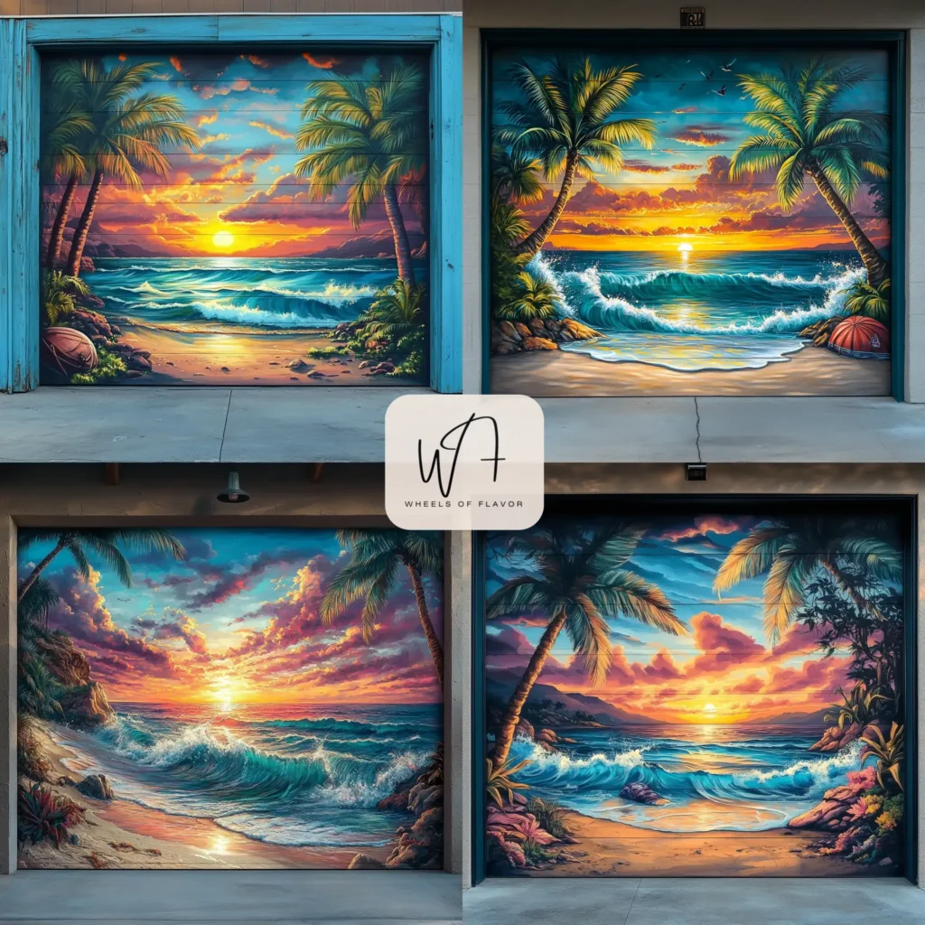 Tropical beach garage door mural with palm trees and sunset