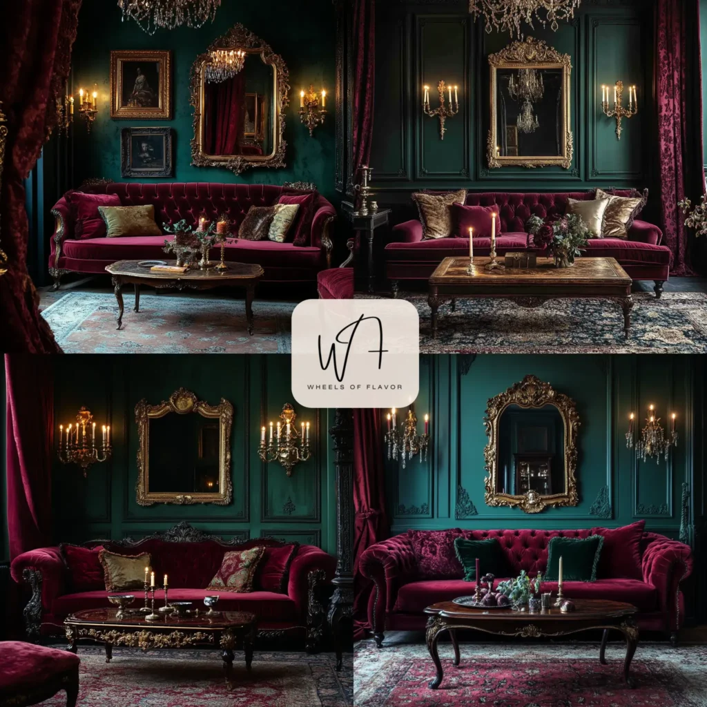 Victorian bedroom romance with a four-poster bed, velvet bedding, and ornate decor.