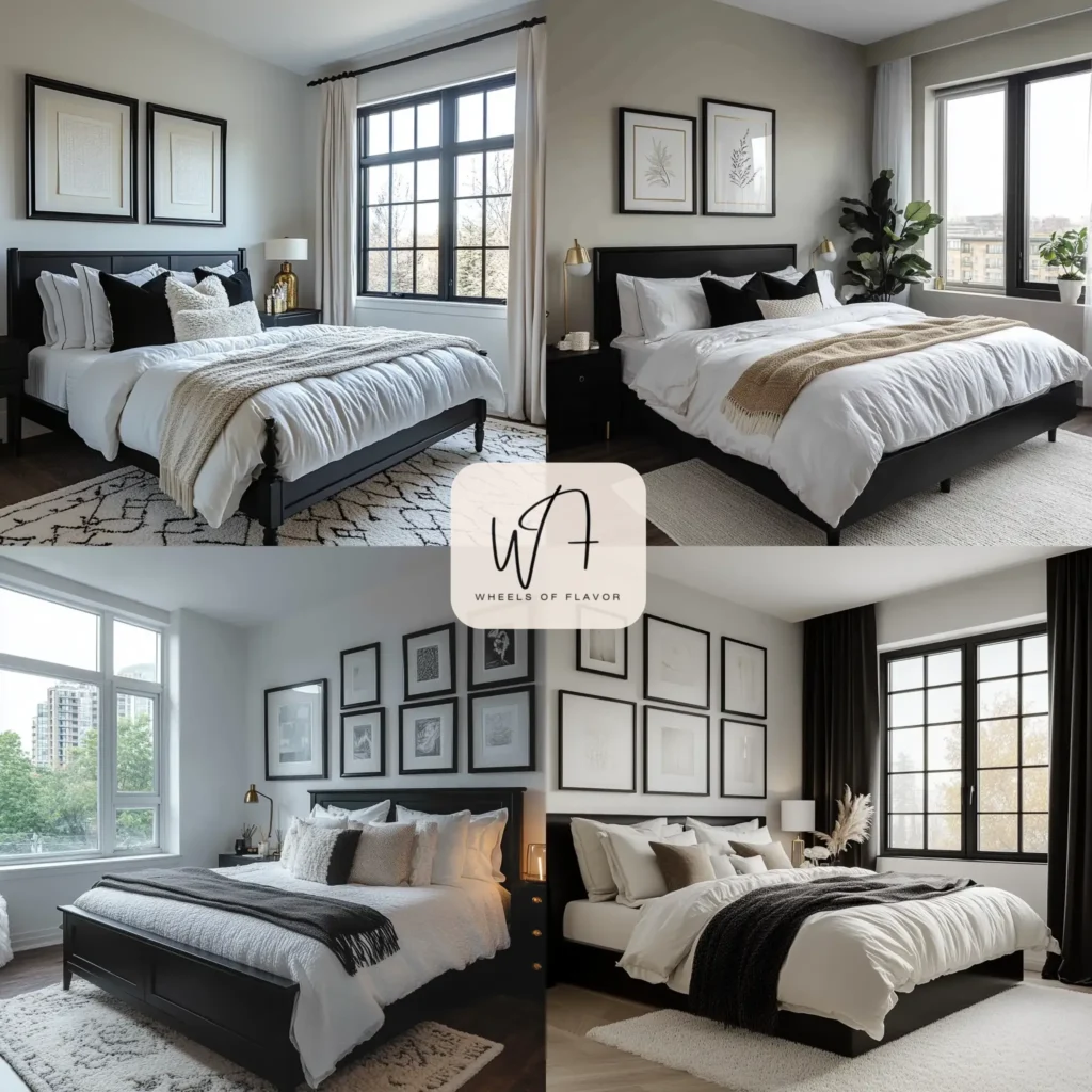 Modern black and white bedroom ideas with gallery wall and gold accents