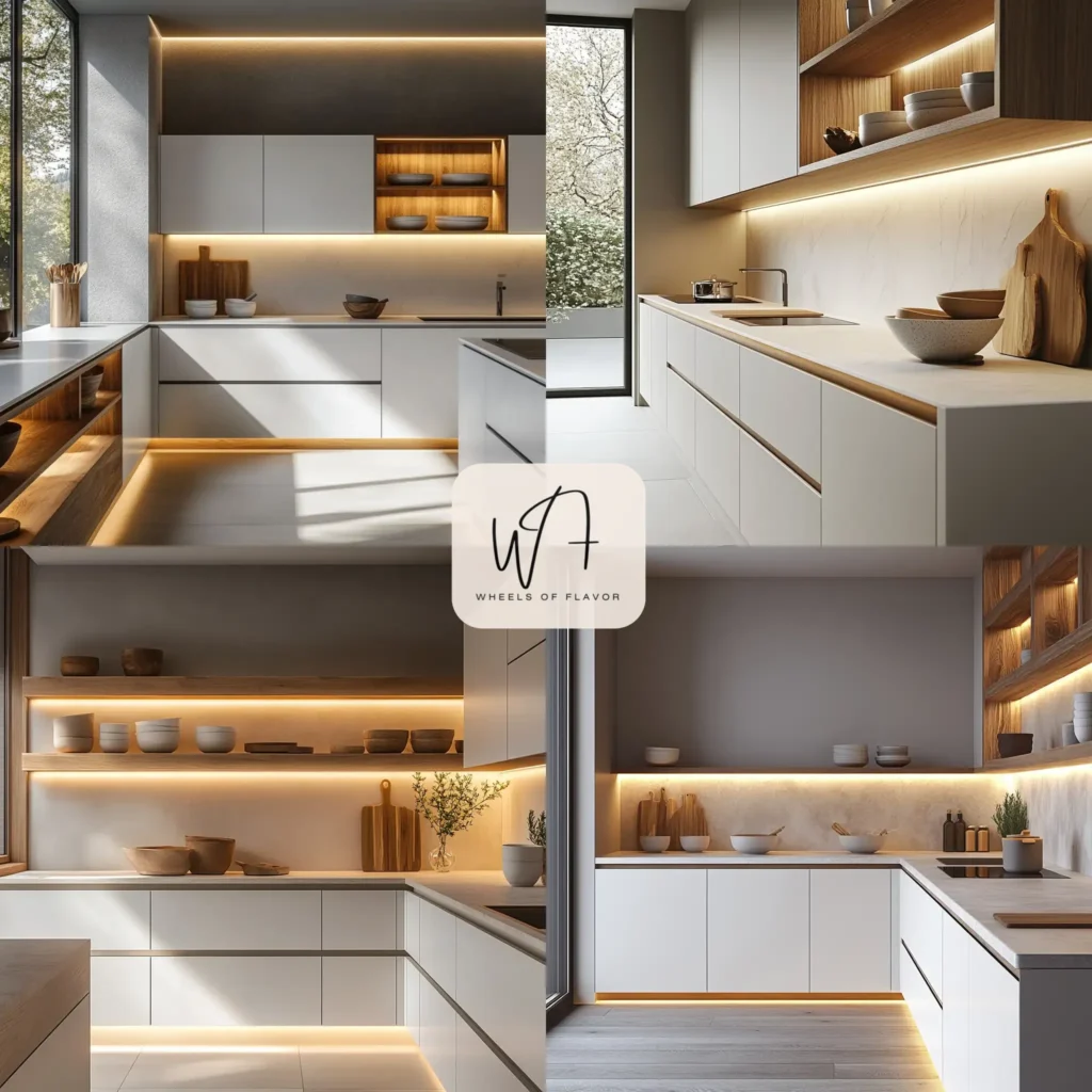 Minimalist kitchen aesthetics with white cabinets and wooden accents