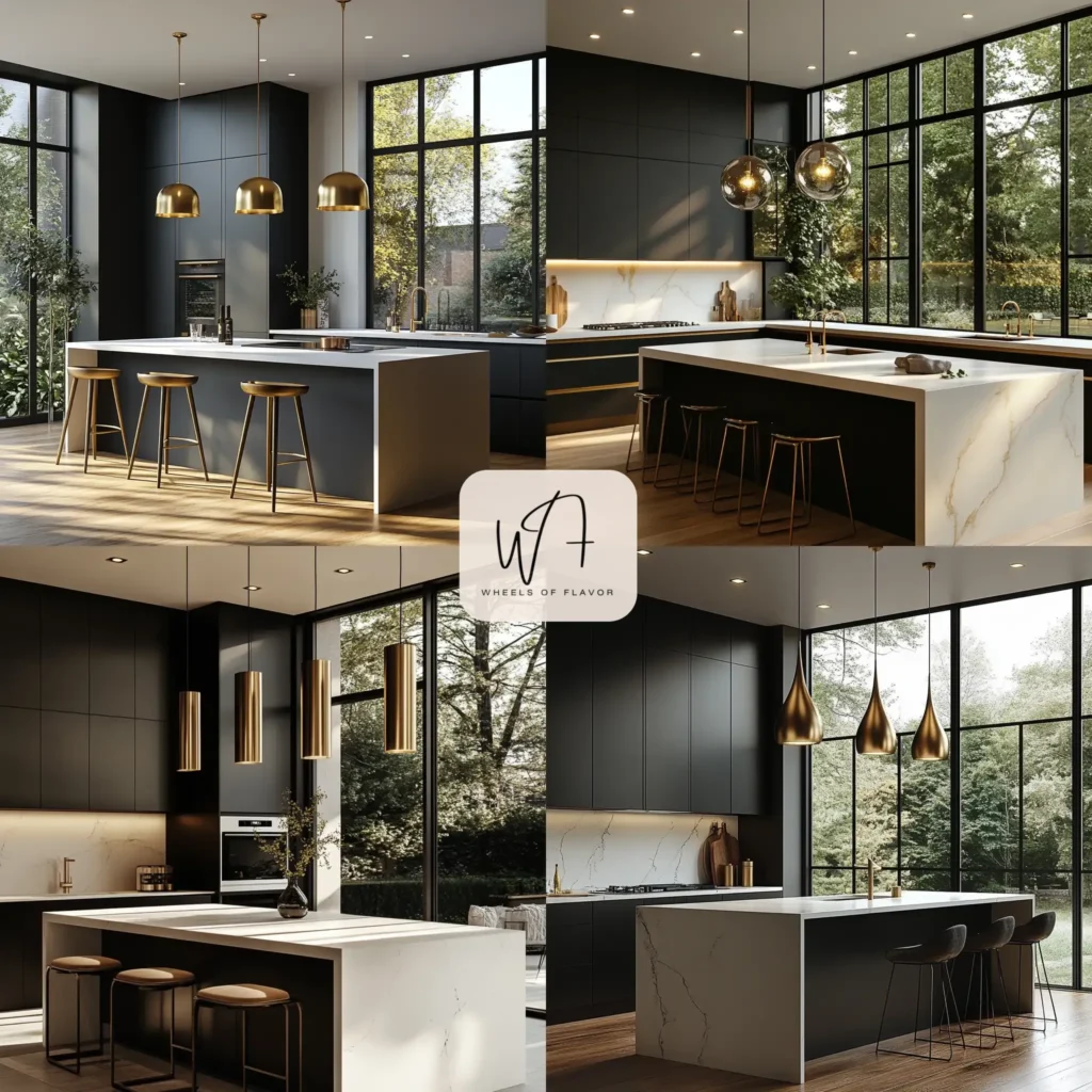 Elegant kitchen design featuring white quartz countertops and brass lighting.