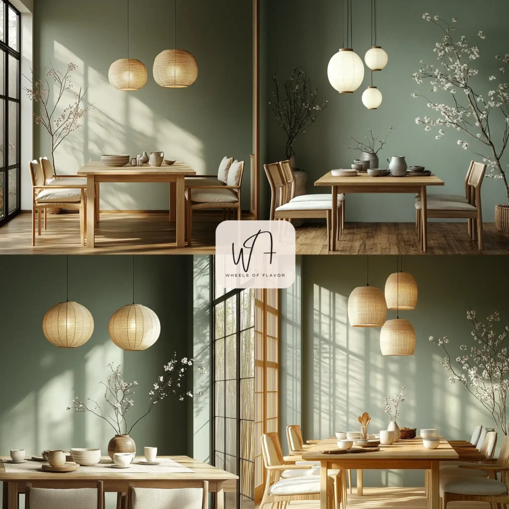 Serene Japandi dining room with wooden table and ceramic tableware