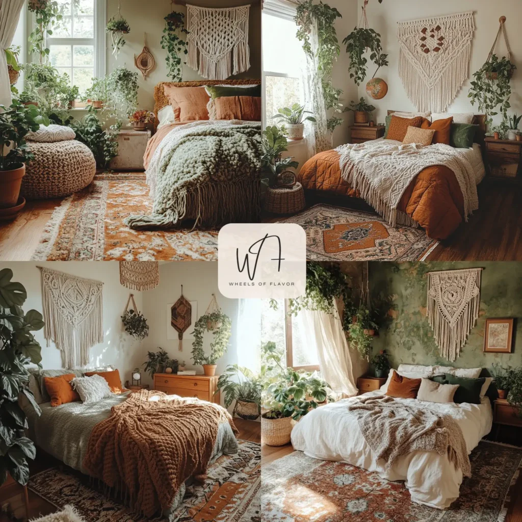 Cozy bohemian dream bedroom inspiration with woven textures and earthy tones.