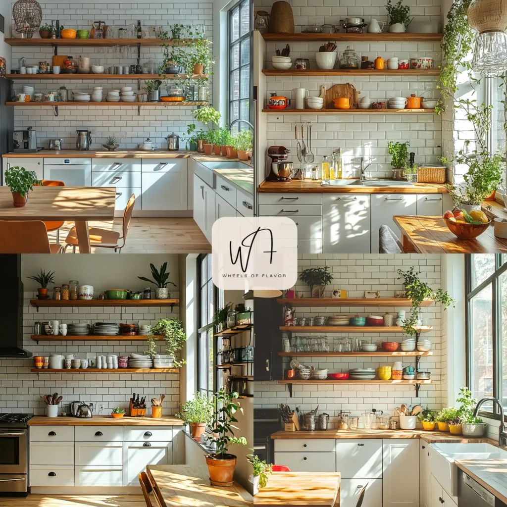 Modern small white kitchen with open shelving and colorful accents
