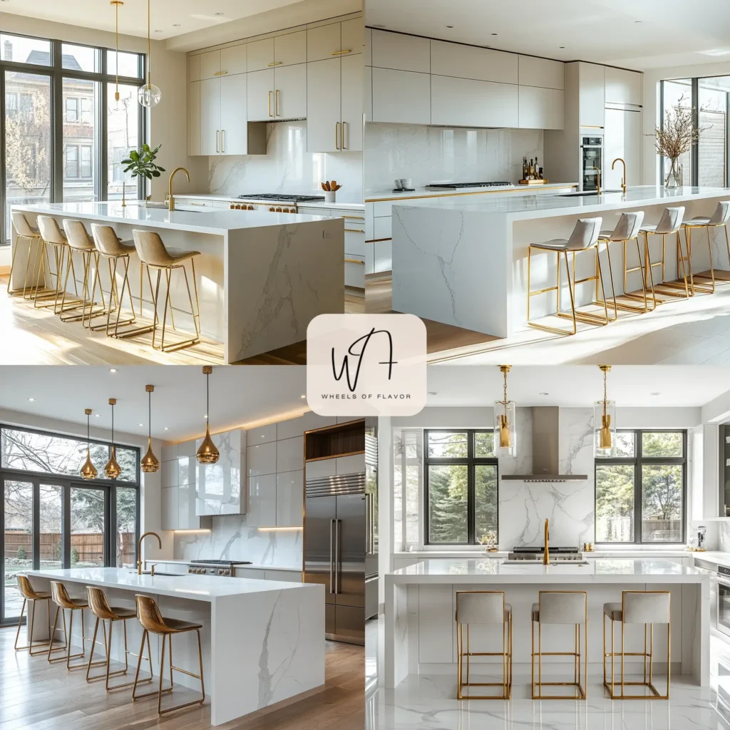 Modern minimalist kitchen island with quartz countertop and gold bar stools.