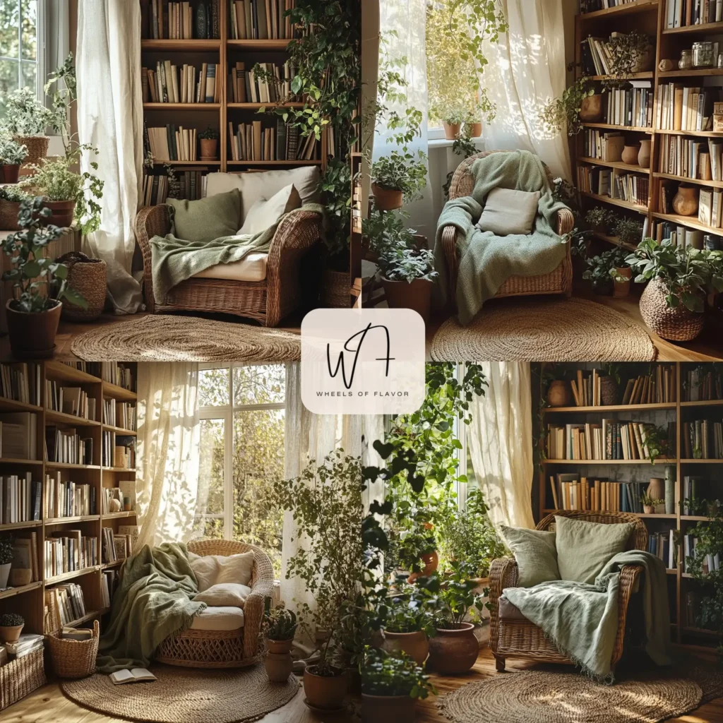 Cozy earthy reading nook with natural materials and warm lighting