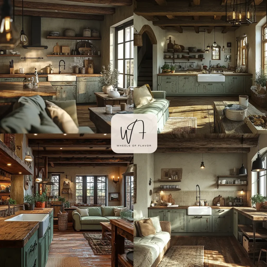 Rustic open kitchen with wooden beams and farmhouse sink