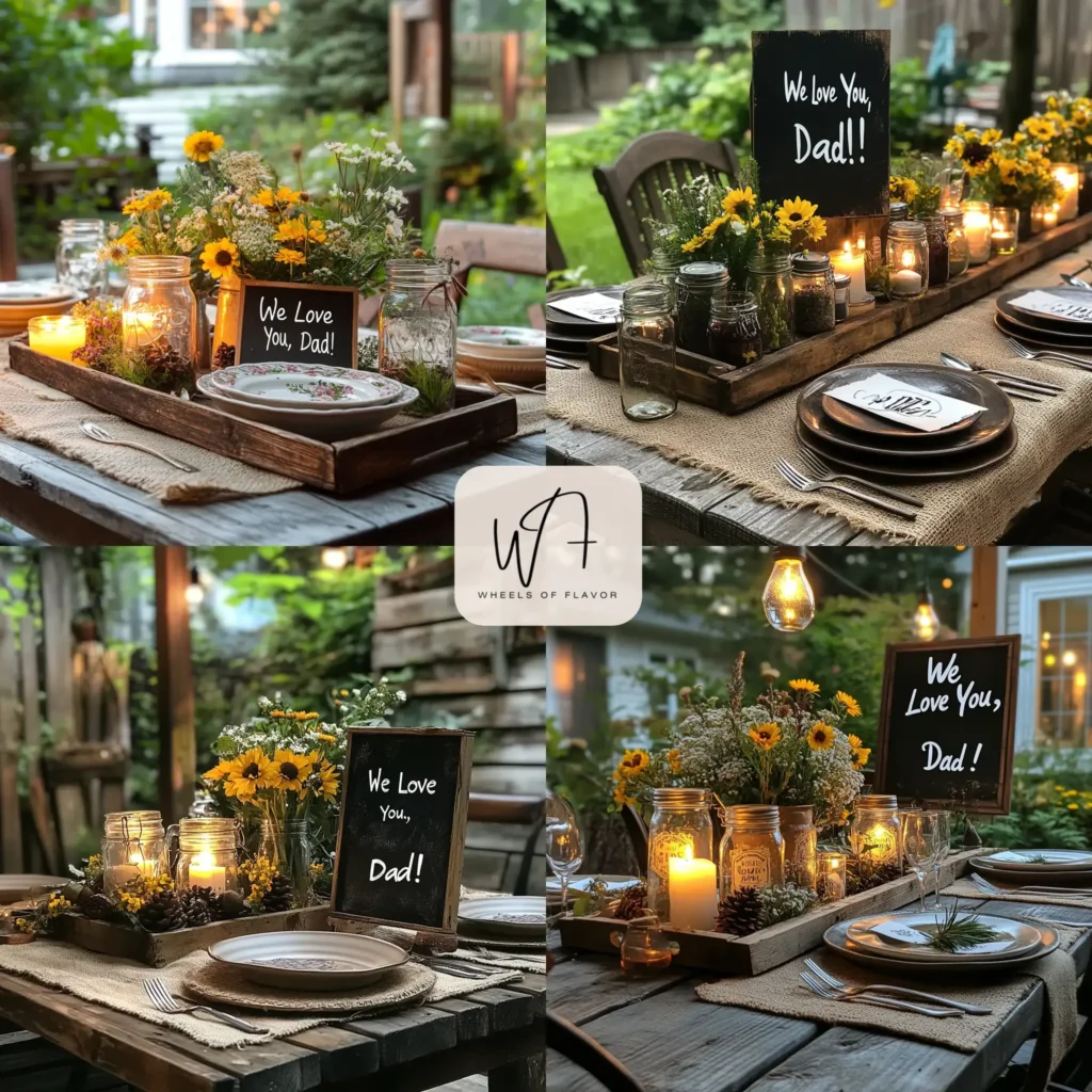 Rustic Father’s Day table setting with wooden accents and wildflower centerpiece