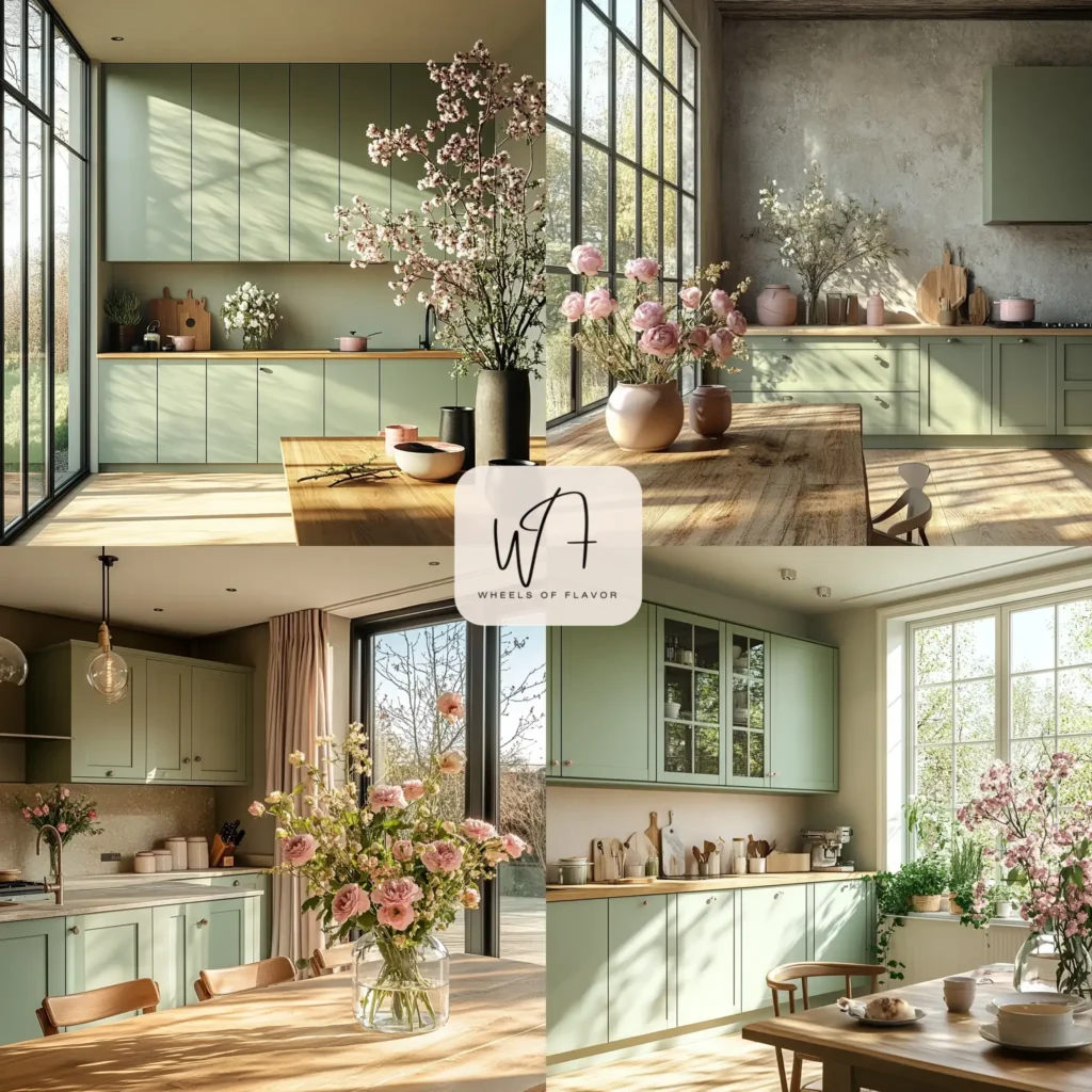 Modern kitchen with fresh spring kitchen updates featuring sage green cabinets and pastel accents