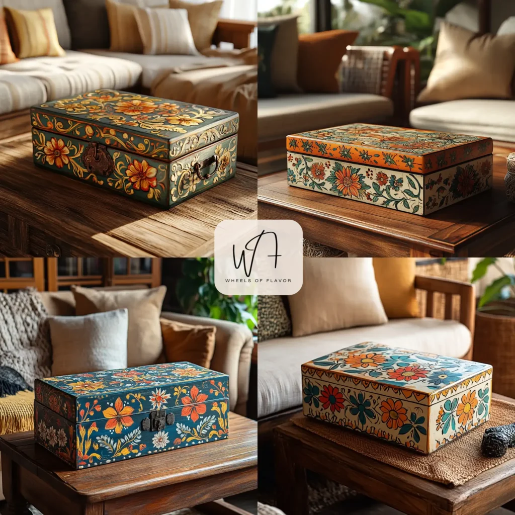 Hand painted wooden box with floral designs on a coffee table in a cozy living room.