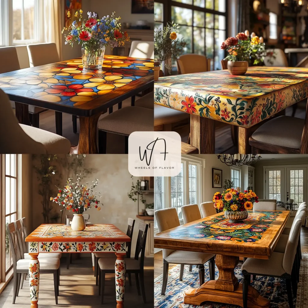 Painted Hand Furniture dining table with floral designs in a cozy dining room