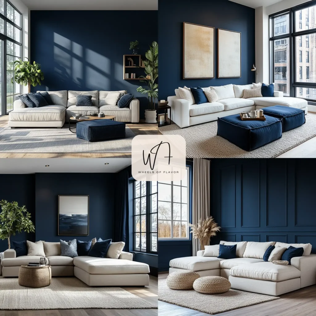 Creative wall painting idea with a bold navy blue accent wall in a modern living room