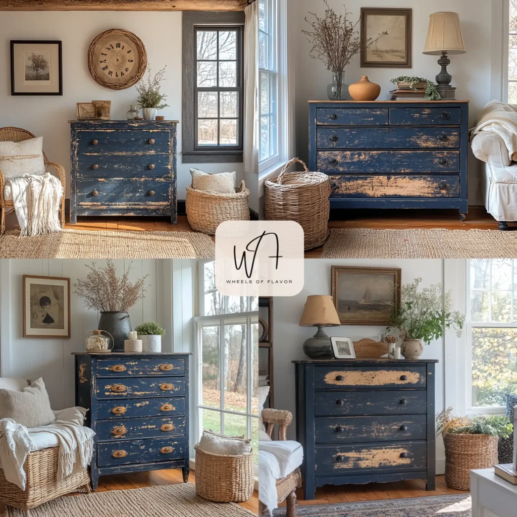 Distressed navy blue dresser showcasing unique furniture painting technique