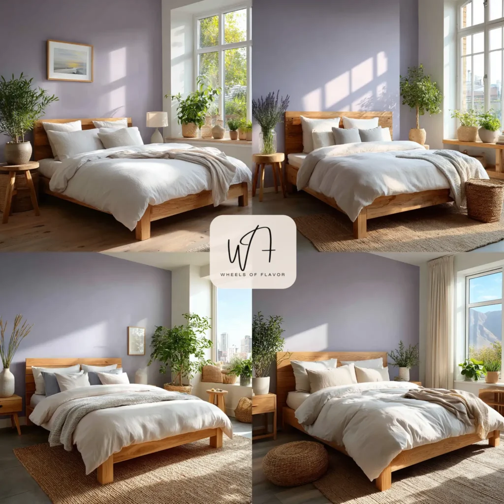 Pastel lavender accent wall in a cozy bedroom