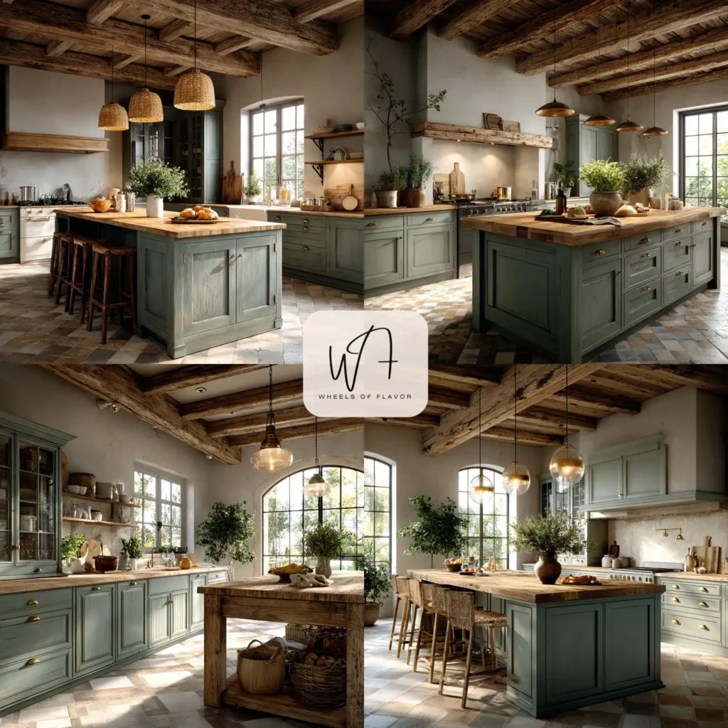 Vintage kitchen cabinets in sage green with brass hardware