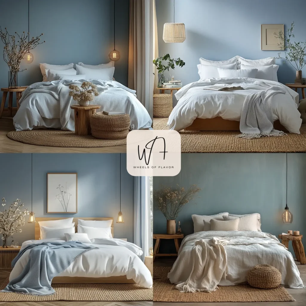 Cozy serene bedroom sanctuary with pastel blue walls and soft bedding