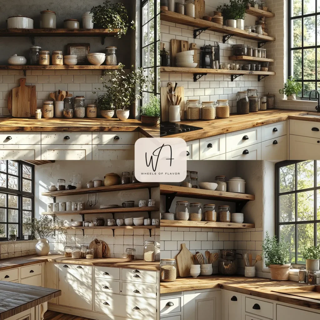 Distressed white rustic kitchen cabinets in a cozy farmhouse kitchen