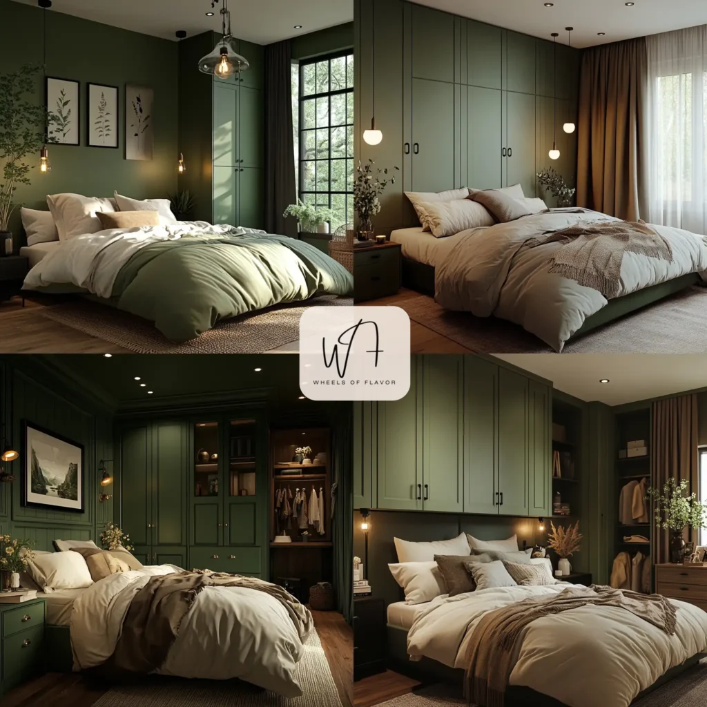 Moody green bedroom with matte green cabinetry and modern decor