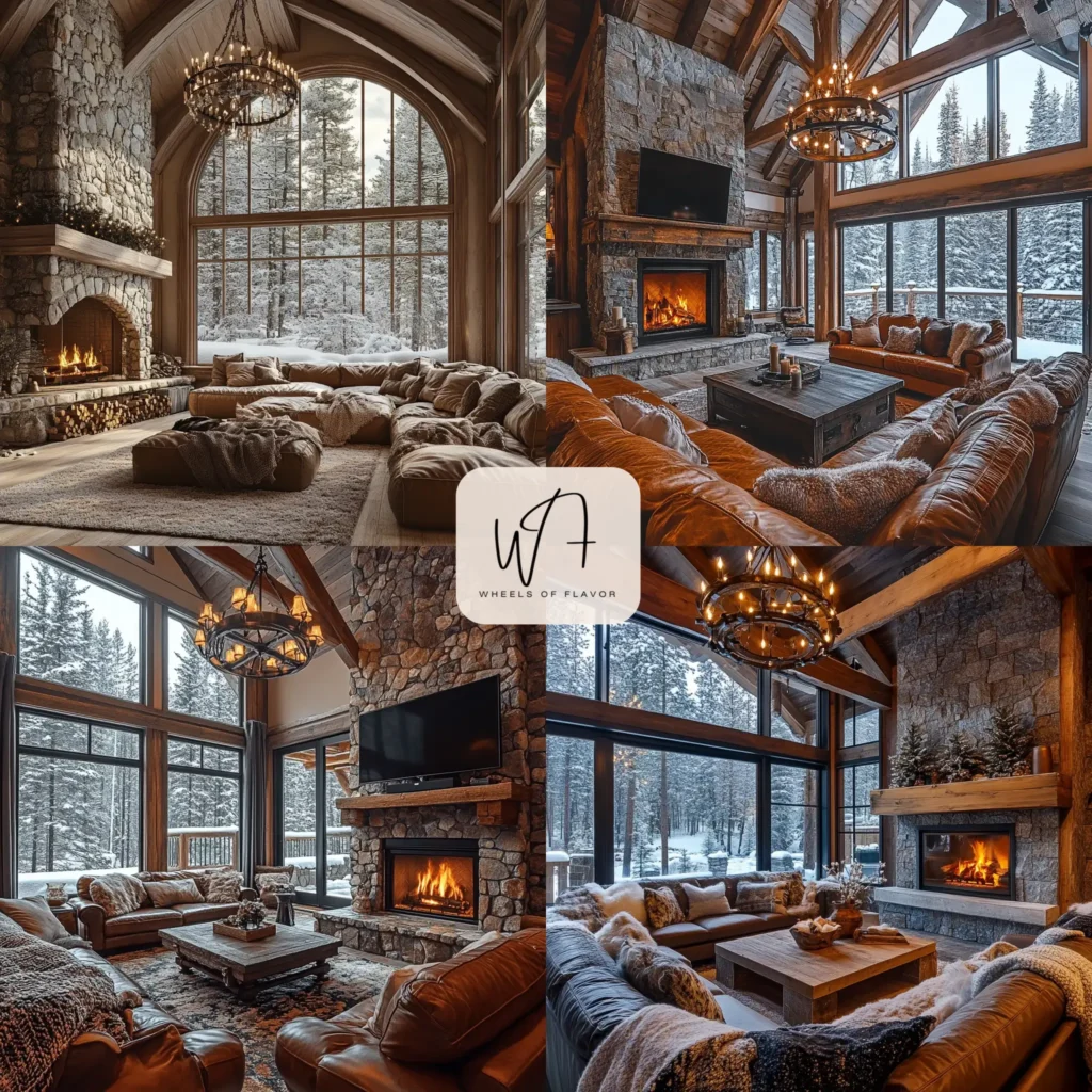 Cozy cabin living room with rustic decor and stone fireplace