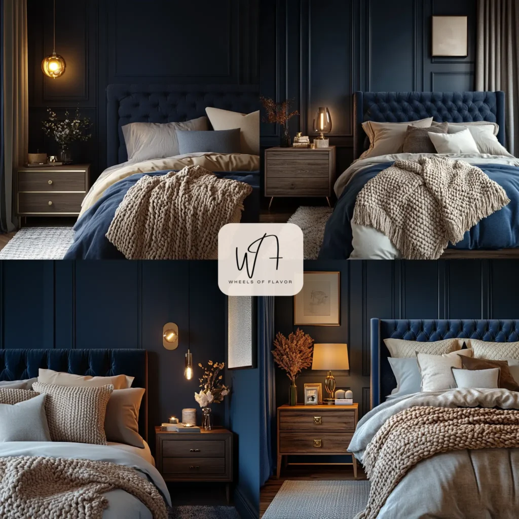 Cozy moody blue bedroom with navy walls and layered textures
