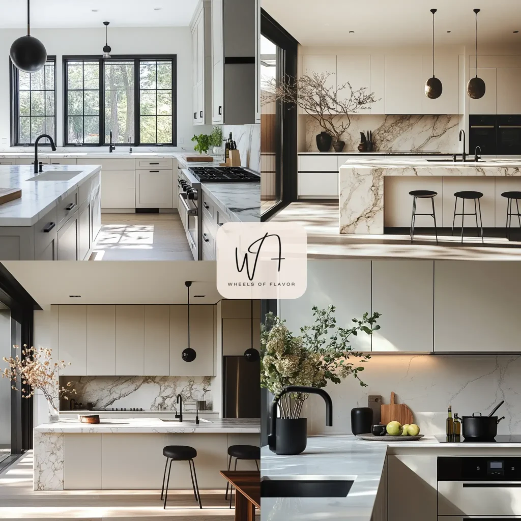 Neutral cabinet versatility in a minimalist kitchen with white cabinets and marble countertops.