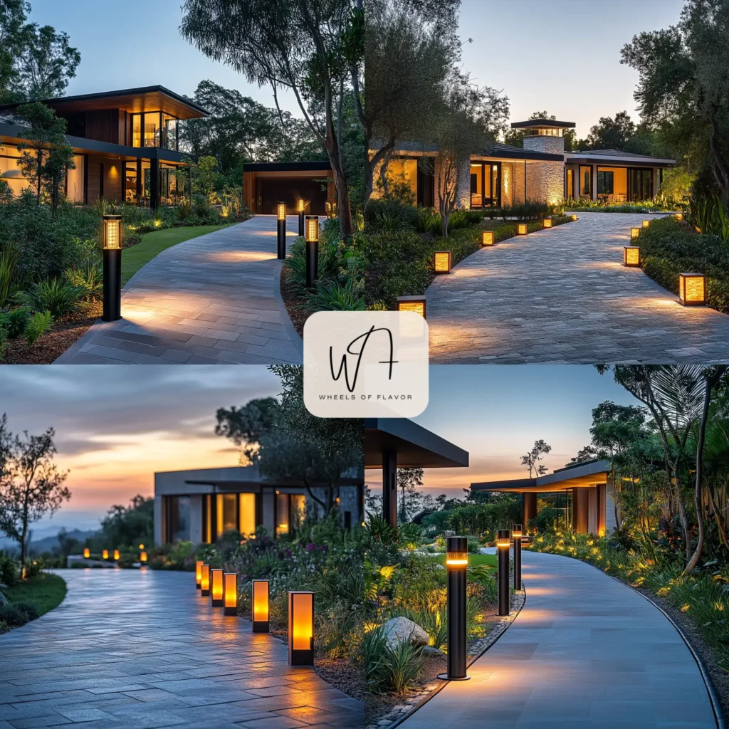 Solar-powered driveway lighting ideas illuminating a modern home’s entrance